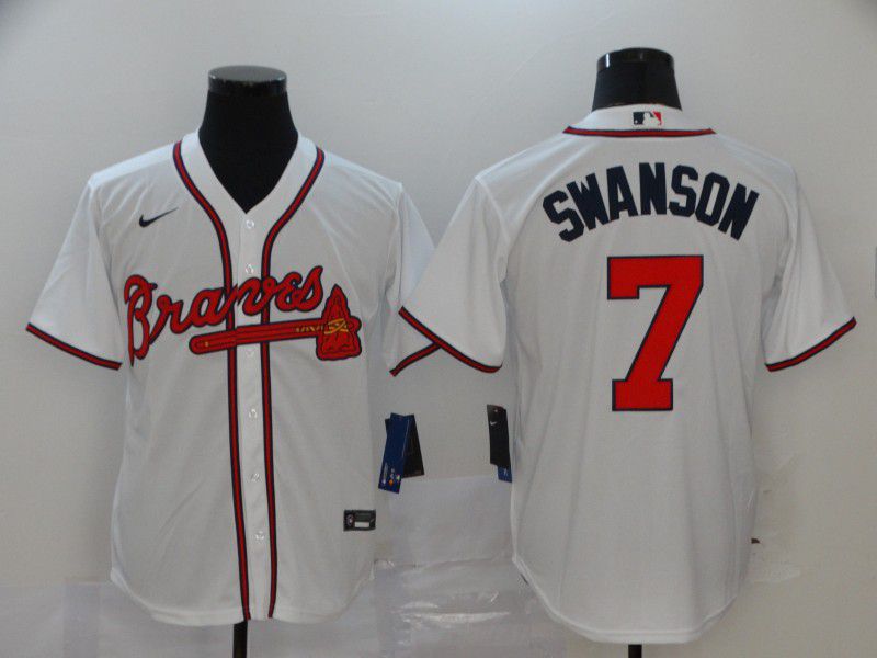 Men Atlanta Braves 7 Swanson White Nike Game MLB Jerseys